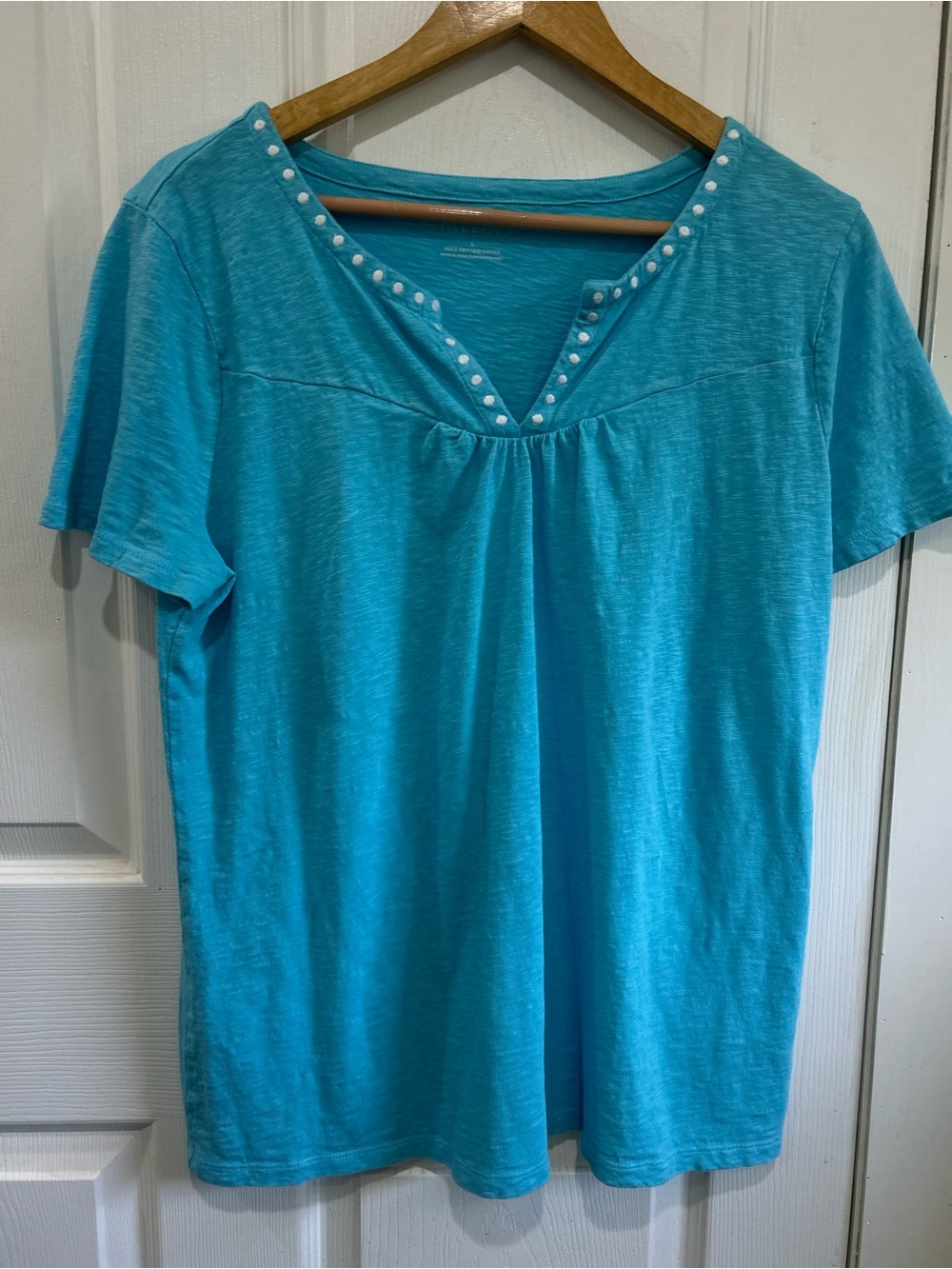 Talbots Turquoise Short-Sleeve V-Neck Top with Bead embroidered trim
